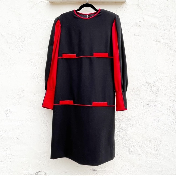 VINTAGE MICHAEL NOVARESE Black and Red Wool Long Sleeve Dress - Picture 1 of 8